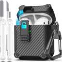 2 x R-fun AirPods 2 Case 2019 with Lock & Cleaning Kit, Keychain, Magnetic Lid, Carbon Fiber Protective Case, Compatible with AirPods 2nd/ 1st Generation, Support Wireless Charging, Black