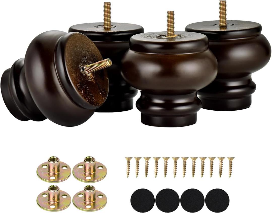 Michanco 3 Inch Mid Century Bun Feet for Furniture Set of 4 Chunky Replacement Wooden Legs for Sofa Couch Ottoman Chair Cabinet (8cm Espresso)