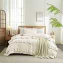 Queen Comforter Set Cream White Comforter Fluffy Soft Chic Ruffle Bedding Comforter Queen 1 Ruffled Ivory Comforter with 2 Pillowcases Farmhouse Boho Bedding Comforter Vintage Ruffle Comforter Set (Queen (90"x90"))