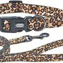 Dog Collar Leash Set, Leopard Pattern, Polyester Material, Adjustable Collar and 5ft Matching Leash, for Puppy Dogs.(XS, Brown Leopard)