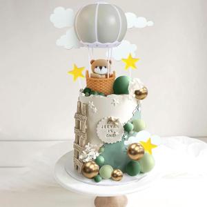 JeVenis Sage Green Bear Cake Decoration Hot Air Balloons Balls Cake Topper Boho Bears Cake Cake Decoration Baby Shower Birthday Cake Decoration