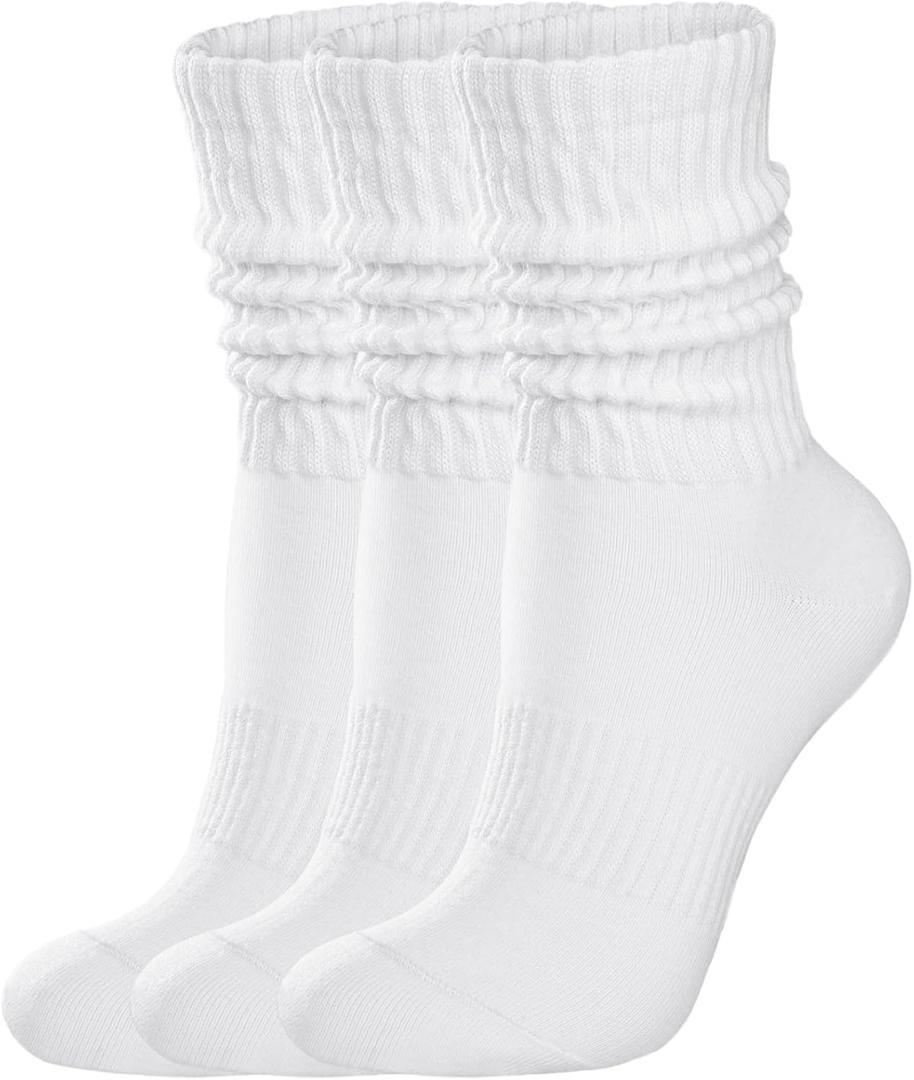 Womens Scrunch Crew Socks: Retro Solid Slouch Mid Calf Socks - Cotton Casual Athletic Socks (White)