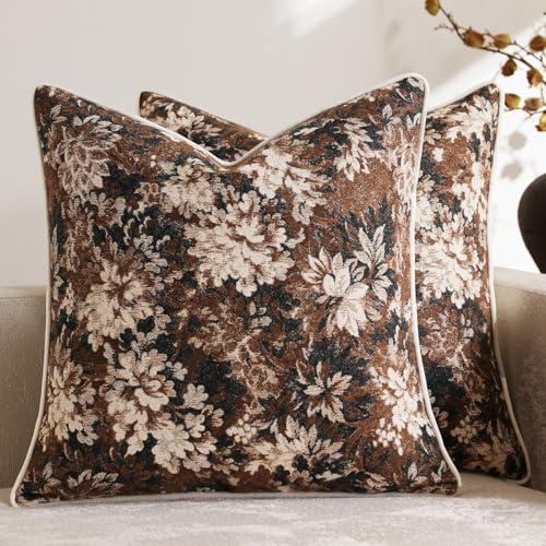 DEZENE Pack of 2 Vintage Floral Throw Pillow Covers 22x22 Boho Farmhouse Accents Chenille Square Decorative Pillow Cases for Living Room Couch Bed Home Decor, Dark Brown