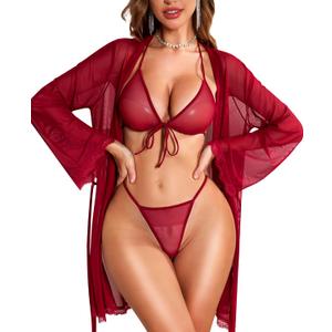 RSLOVE Women Sexy Lingerie Set - 3 Piece Bra and Panty Sets with Lace Kimono Robe Sheer Sleepwear Mesh Nightgown (Small, Wine Red)