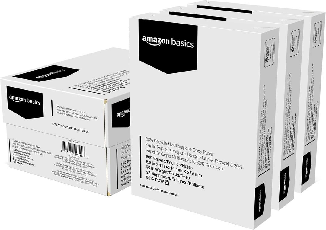 30% Recycled Multipurpose Copy & Print Paper, 8.5 x 11 Inches, 20 lb Weight, 92 Bright, White, FSC Certified, 1500 Sheets (3 Reams)