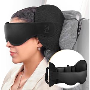 Travel Pillow, Airplane Neck Pillow for Long Flight, Oversized Head Strap with 3D Eye Mask for Sleep, 360Support Headrest, Stop Bobblehead, Ultimate Travel Essentials for Men Women Black