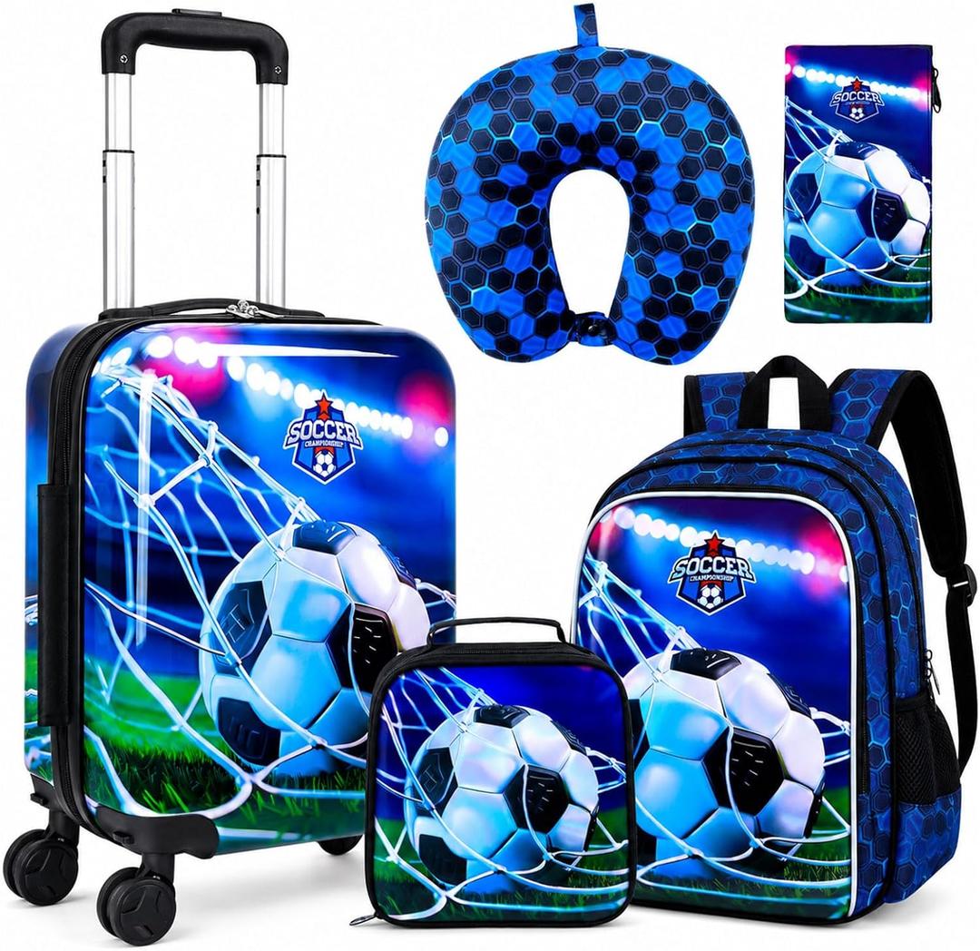 5-Piece Luggage for Kids Sporty Hardshell Boys Suitcase with 360 Spinner Wheels, Lightweight Airline-Approved Carry-On (16") Set for Travel, Soccer Blue