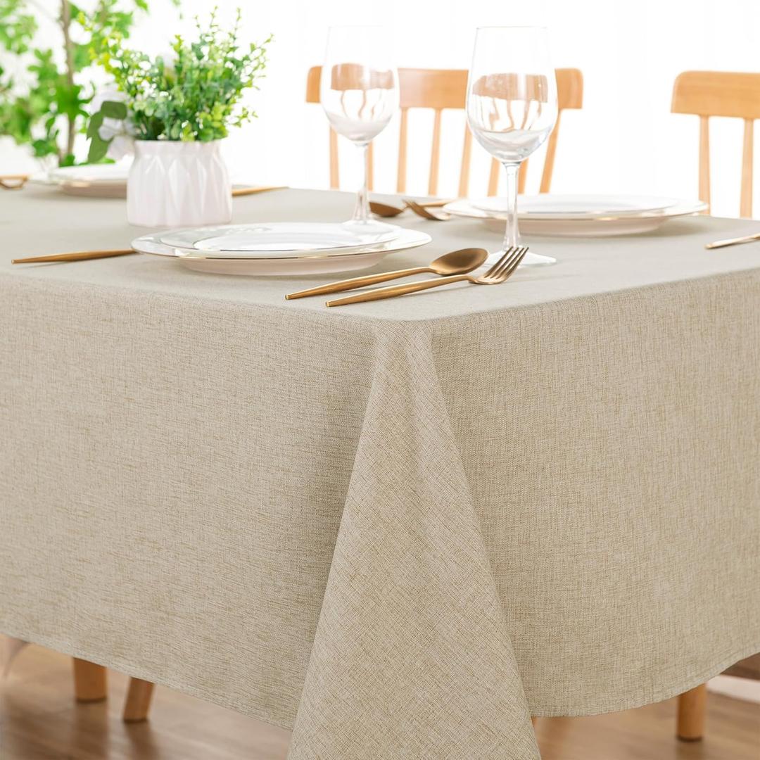 DWCN Rectangle Faux Linen Tablecloth - Textured Waterproof Spill-Proof Wrinkle and Stain Resistant Table Cloth Decorative Fabric Farmhouse Table Cover for Kitchen Dining Party, 52 x 70 Inch, Beige