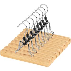 AMKUFO 12 Pack Natural Wooden Pants Hangers with Clips Non Slip Skirt Hangers Trouser Clamp Hanger Solid Wood Hanger with 360 Swivel Hook