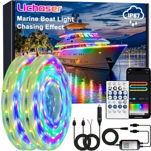 Lichaser Boat LED Strip Light RGB+IC, Marine LED Light Strip for Pontoon with Remote, Segment App Control Boat Light Waterproof 12V, Cool Stuff for Jon Boat, Bass Boat, Camper, RV (33ft)