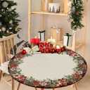 Christmas Fitted Round Poinsettia Table Cloth,XMAS Retro Linen Tablecloth Waterproof Table Cover for a Circle Table,Black Red Buffalo Plaid Circular Table Cloth Elastic for Kitchen Picnic 45-54in