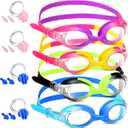 Meooeck 4 Pairs Kids Swim Goggles Anti Fog Multipack Clear Swimming Goggles with Nose Clip Earplug for Girls Boys Pool Gift