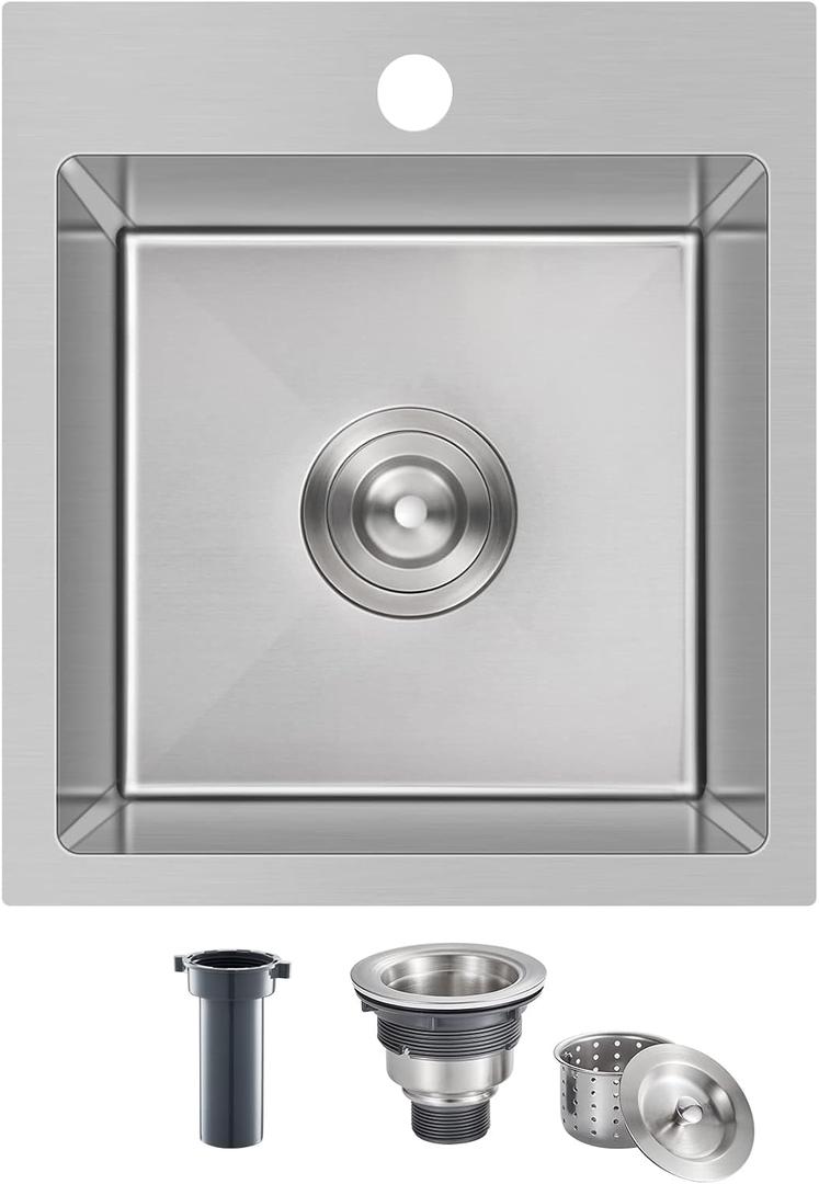 15 inch Bar Sink Drop in, 304 Stainless Steel Sink Single Bowl, 15"x17"x8" Small Sink Topmount for Wet Bar, Prep, RV, Apartment and Tiny Homes, Brushed