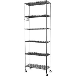 Homdox 6-Tier Storage Shelf Wire Shelving Unit Free Standing Rack Organization with Caster Wheels, Stainless Side Hooks, Black, 21.26*11.42*72.05 inch