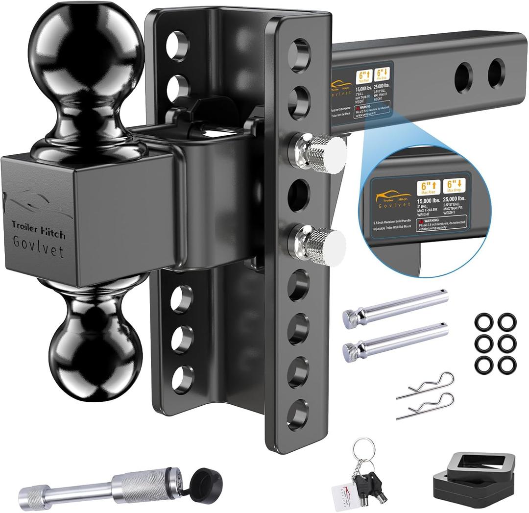 Adjustable Trailer Hitch -Drop Hitch (Fits 2.5-Inch Receiver) -Heavy Duty Tow Hitch with 6-Inch Drop/Rise, 2" & 2-5/16" Ball Hitches for Truck (25,000 LBS GTW) -w/Anti-Theft Hitch Locking Pins