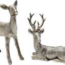 Reindeer Christmas Decor  Standing and Lying Silver Deer Figurines, 17" & 14" Tabletop Statues, Set of 2 Polyresin Ornaments for Winter Home Decoration