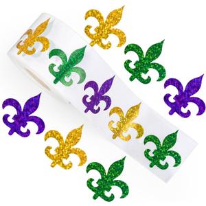 Whaline Mardi Gras Stickers Roll Laser Fleur de Lis Seal Stickers Purple Yellow Green Waterproof Self-Adhesive Decals for Envelope Journal Decor Carnival Party Supplies, 500Pcs
