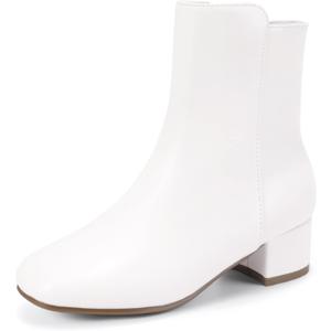 PANDANINJIA Alyssa Girls Fashion Boots Square-Toe Dress Boots Low Heel Ankle Booties with Zipper for Toddler Little Kids Big Kids (White Pu, 4 M US Big Kid)