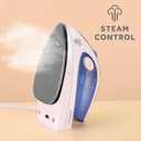 Sunbeam Hot-2-Trot Travel Steam Iron, 800 Watt Dual Voltage 120/240, Compact Size, Portable, Non-Stick Soleplate, Soft Touch Handle, Horizontal or Vertical Use, White and Blue