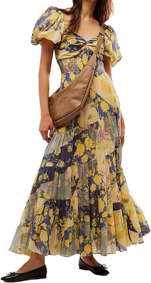 ABYOVRT Women Floral Maxi Dress Short Puff Sleeve V Neck Bohemian Flowy Dress Smocked Casual Spring Summer Dresses (Large, Beige)