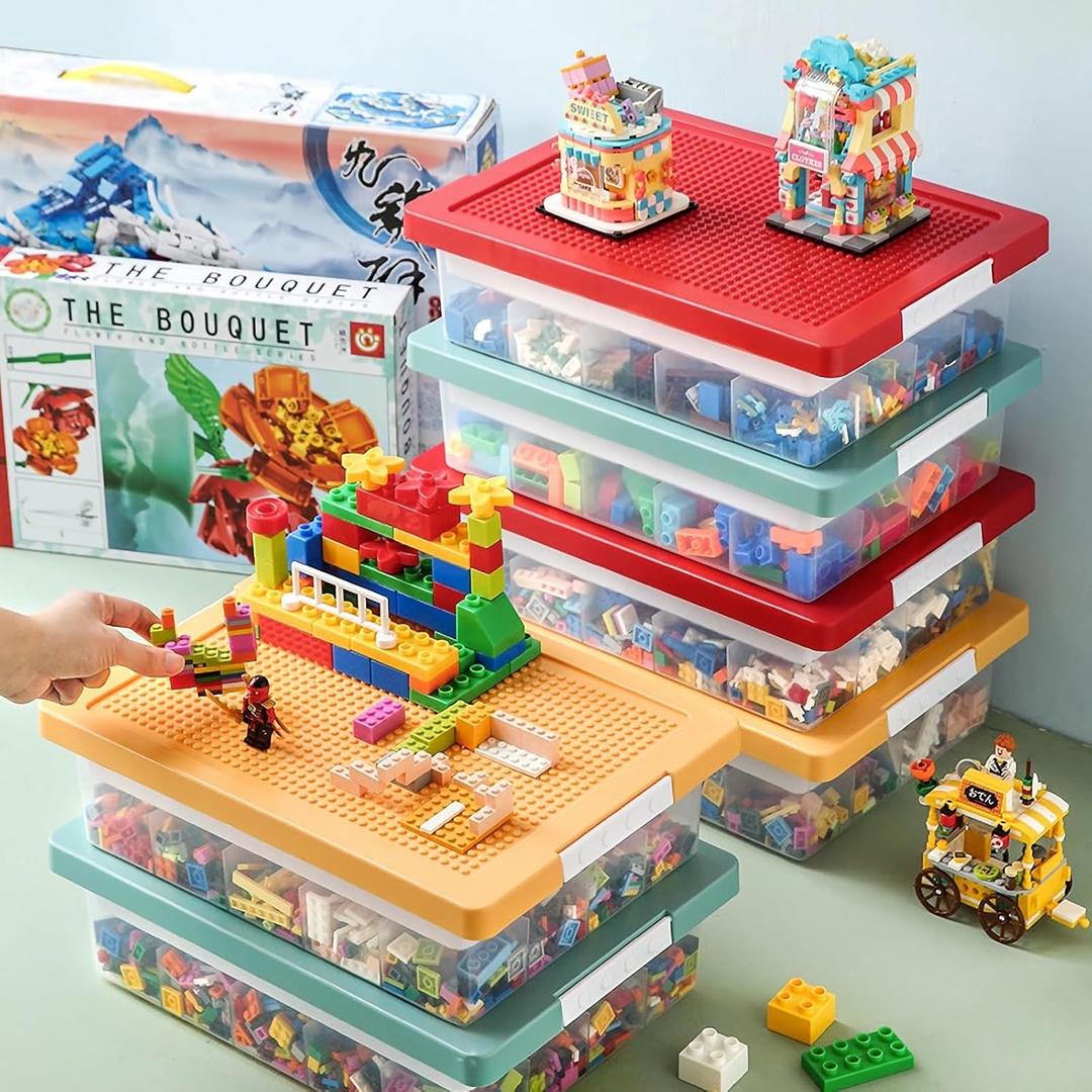 Toys Storage Organizer Box for Lego, Toy Storage Box with Building Plate Lid and Removable Tray, Building Block Storage, Stackable Plastic Organizer Bins. (Red And Blue 2 Pcs)