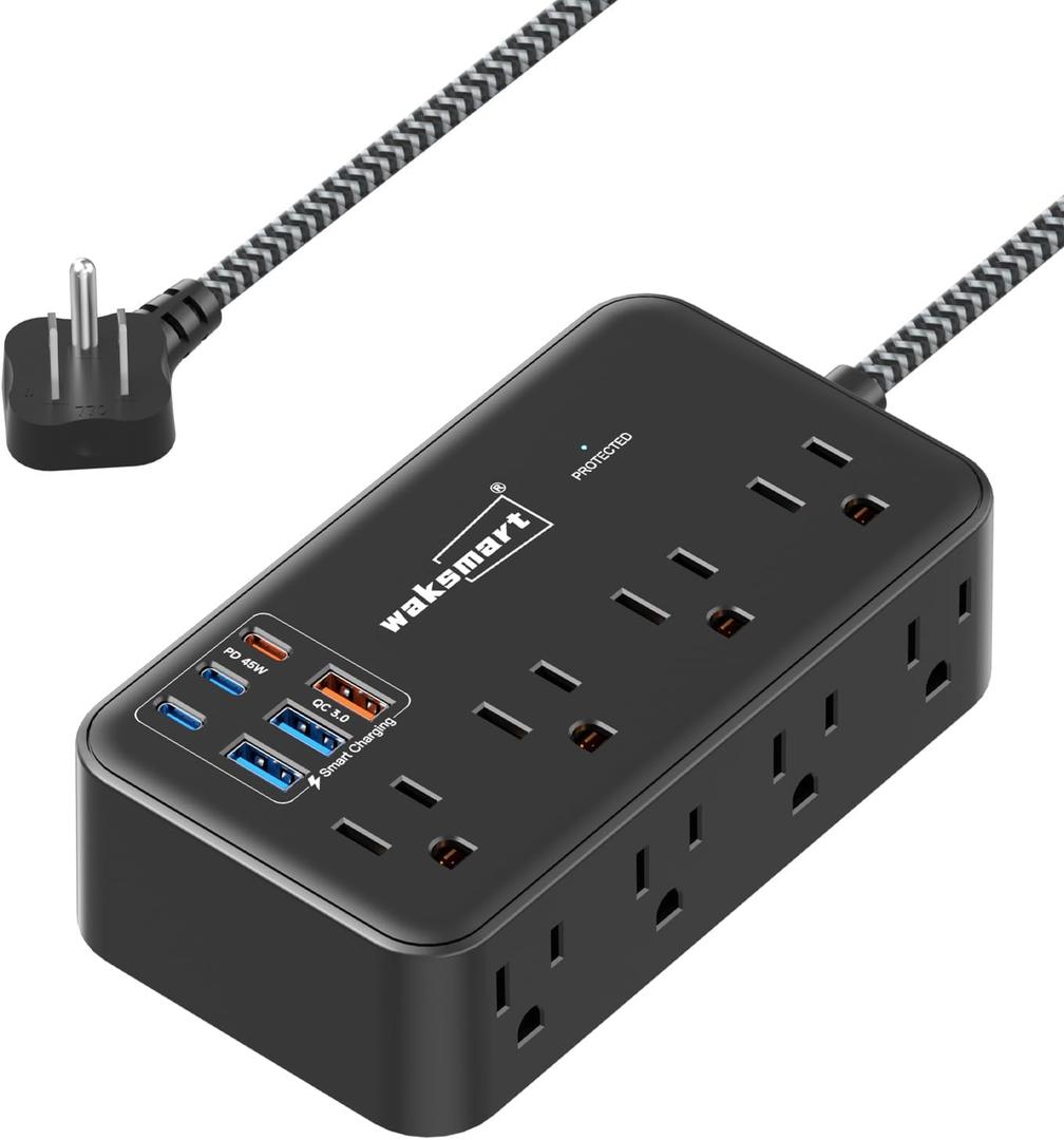 PD45W USB C Charger, Surge Protector Power Strip (2800J), 8 AC Outlets with 6 USB Ports (3 USB-C), 5ft Braided Cord, 45W Charging Station for MacBook, Laptops, iPad, iPhone, ETL Listed (5 Ft Flat Extension Cord, Black-PD45W Fast Charge)