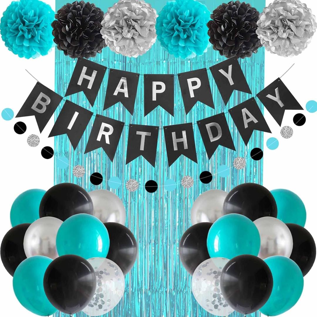 ANSOMO Black Teal Blue and Silver Happy Birthday Party Decorations Turquoise Aqua Balloons Dcor Supplies Men Women Boys Girls 1st 2nd 3rd 16th 20th 25th 30th 35th 40th 45th 50th 60th 70th