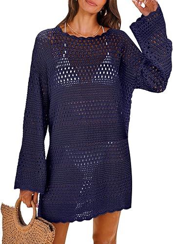 Women Swimsuit Crochet Swim Cover Up 2025 Summer Bathing Suit Swimwear Mesh Knit Beach Dress Vacation Outfits Size L