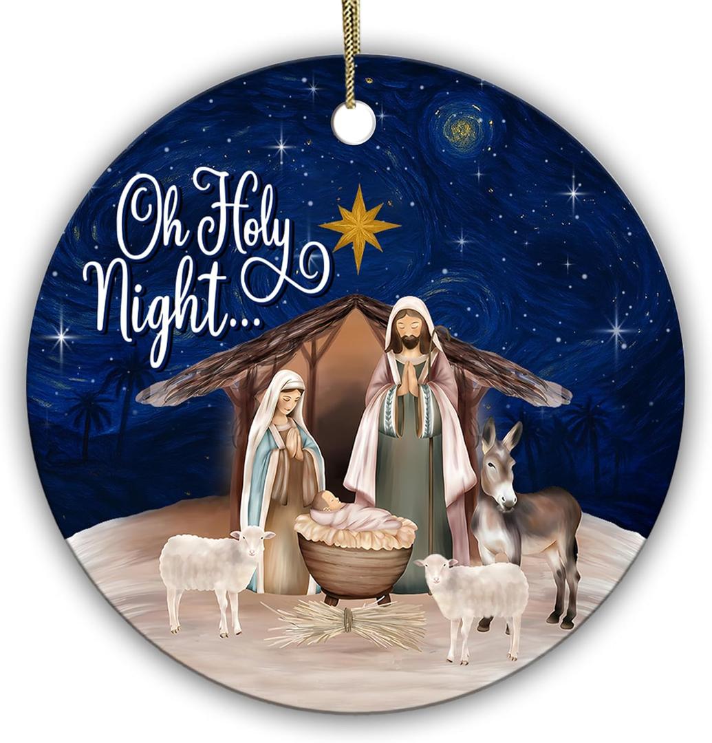 Oh Holy Night Nativity Scene Religious Christmas Ornament – Christian Faith Holiday Tree Decoration – Baby Jesus, Mary & Joseph Keepsake Gift for Believers, Church Friends, and Family