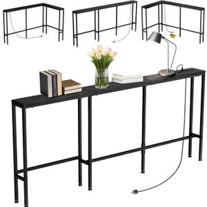 70" Narrow Console Sofa Table with Power Outlets & 2 USB Ports, L Shaped Behind Couch Table Skinny, 3 Assembly Options Entryway Tables with Charging Station for Living Room, Hallway, Black, 70IN