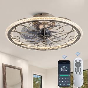 20" Low Profile Ceiling Fan with Lights, Handmade Antique Vintage Silver, Crystal Rustic Caged Industrial Flush Mount Ceiling Fan with Light for Bedroom/Kitchen/Living Room