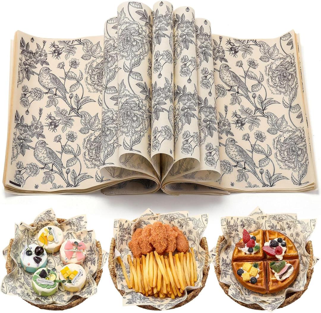 AmazingSpark 150 Pcs Deli Wax Paper Sheets for Food 8 x 10 Inch Greaseproof Waterproof Sandwich Wrapping Paper Basket Liner for Outdoor Picnic Beach Wedding Birthday Baby Shower(Flower Bird)