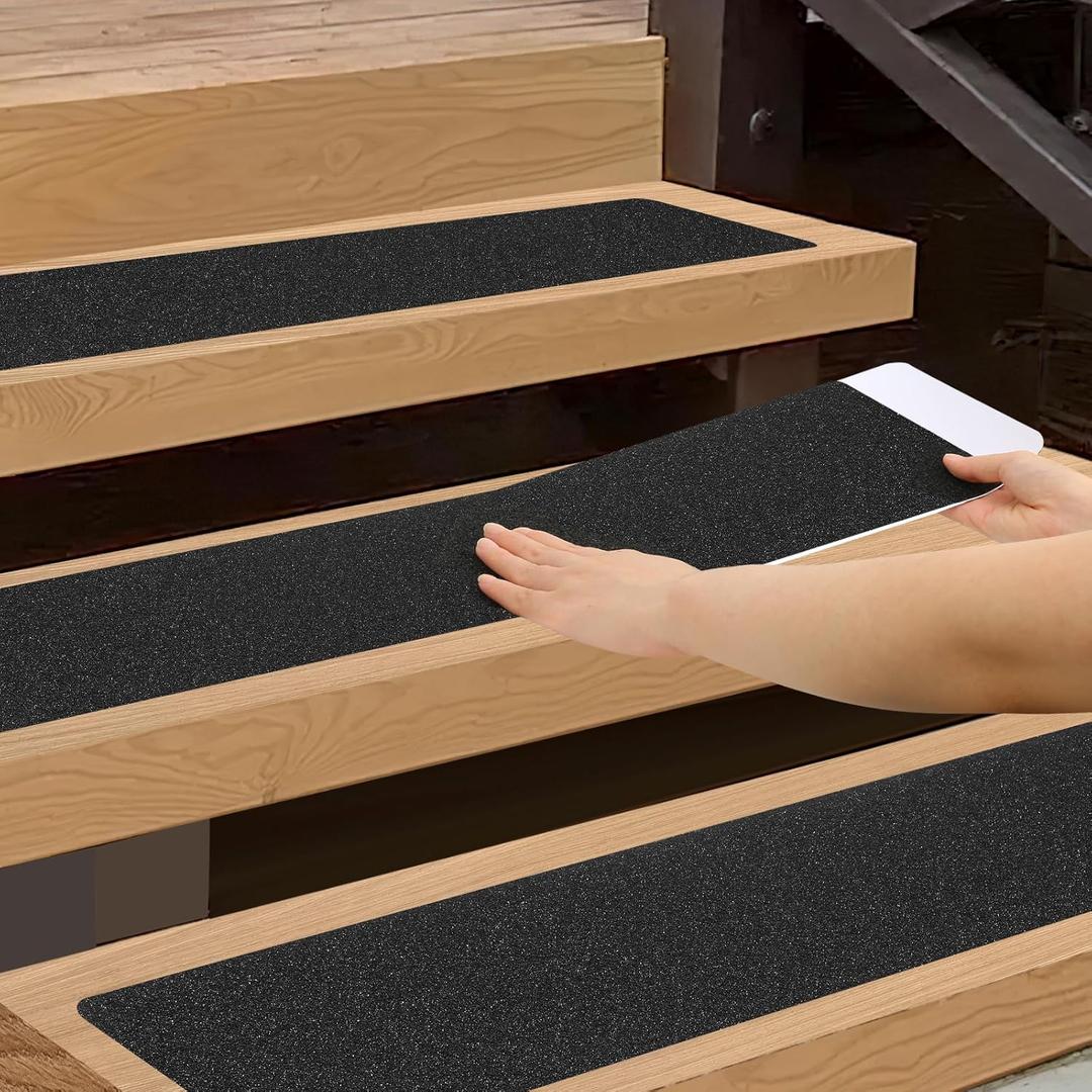 SMILOOL Outdoor Stair Treads Non-Slip Step Strips for Wooden Steps 5 Pack 8 x 30 Anti Slip Grip Tape Precut for Outside Stairs, Non Skid Stair Tread Mats Weather Resistant for Outdoors, Black