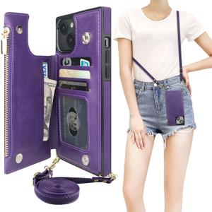 Bocasal Crossbody Wallet Case for iPhone 14 Plus with RFID Blocking Card Slot Holder, Magnetic Flip Folio Purse Case, PU Leather Zipper Handbag with Detachable Lanyard Strap 6.7 Inch 5G (Purple)