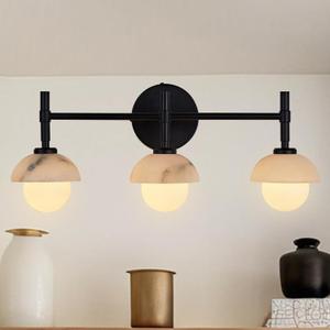 Mid-Century Modern Natural Alabaster Hand-Carved Wall Sconce, 3-Light Vanity Light Fixture Over Mirror with Alabaster Shade, Wall Light for Hallway, Bathroom (Black)