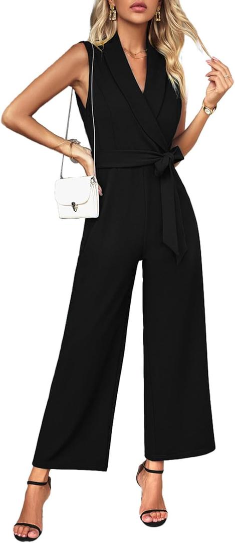SheKiss Casual Elegant Jumpsuits For Women Dressy 2025 One Piece Short Sleeve Rompers Wide Leg Formal Business Outfits, XX-Large, Black