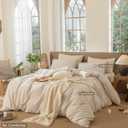 MooMee Striped Duvet Cover Set 100% Washed Cotton Linen Like Textured Breathable Durable Soft Comfy (Tannish Linen Grey White Pinstripes, Super King 108"x98")