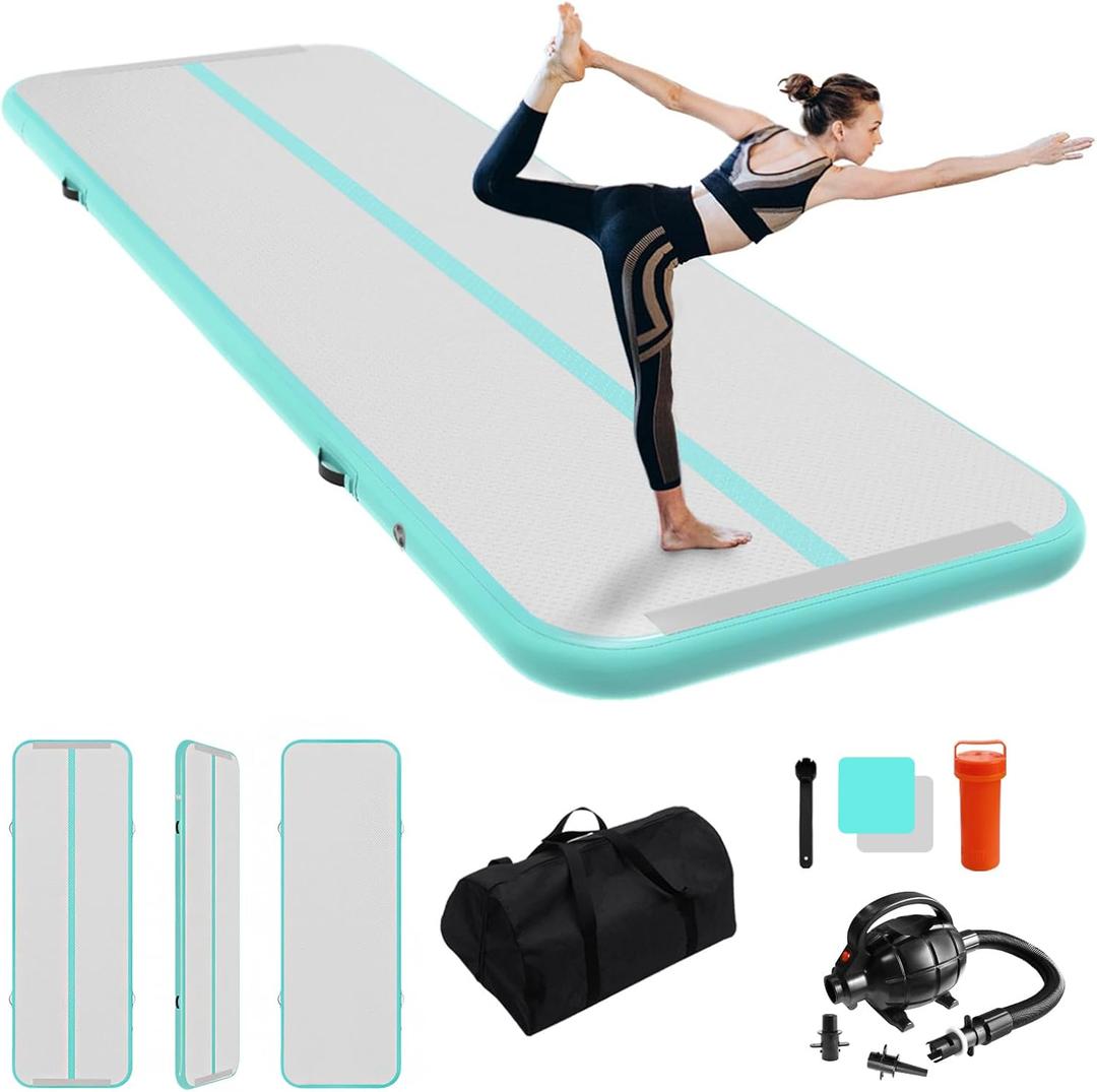 IBATMS Air Tumbling Mat Tumble Track, 4/8inches Inflatable Gymnastics Air Mat for Home Use/Training/Cheerleading/Yoga/Water with Air Pump (10ft(3x0.9x0.1m), Mint green)