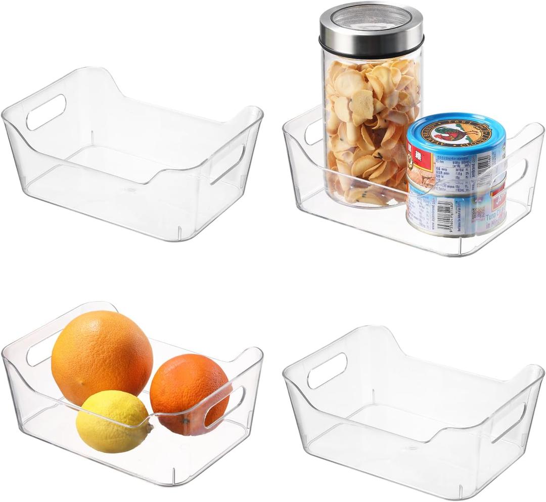 4 Pack Plastic Clear Storage Bins, Refrigerator Organizer Bins with Handle, Kitchen Cabinet Organizer, Stackable Pantry Organization, Perfect for Fridge,Closet Organization (Small)