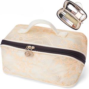 2026 New Makeup Bag for Women Girls,Lace Large Capacity Cosmetic Bag,Open Flat Travel Toiletry Bag,Hollow Out Makeup Organizer Bag With Divider and Handle(Apricot)