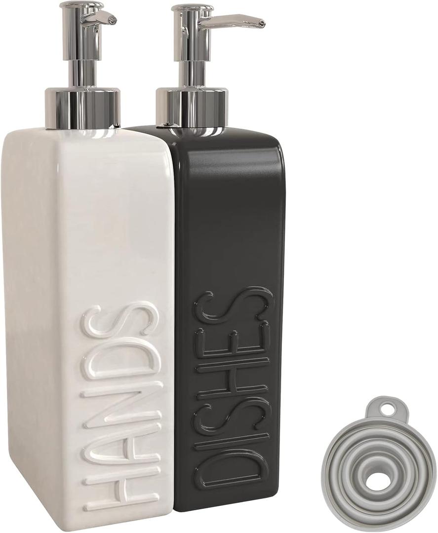Soap Dispenser Set with Funnel, Non-Slip Silicone Pads, 2 Pack Ceramic Refillable Dish Soap and Hand Soap Dispenser for Kitchen, Bathroom, Matte Black and White