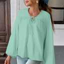 AlvaQ Womens Plus Size Tops Tie Front Long Lantern Sleeve V Neck Floral Applique Blouse Shirt L-4XL (Green, L)