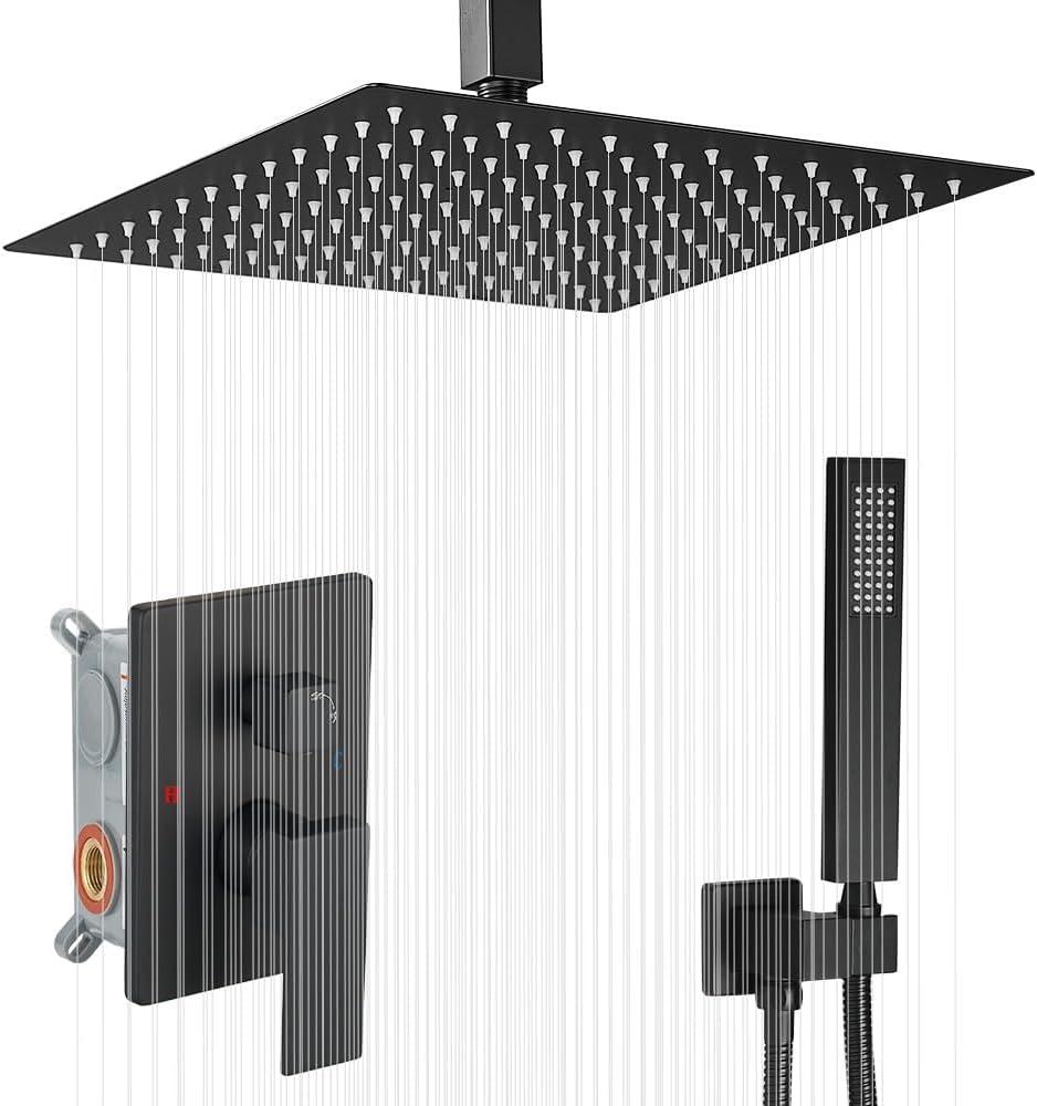 16 Inch Ceiling Mount Matte Black Shower System Bathroom Luxury Rain Mixer Shower Combo Set Ceiling Rainfall Shower Head System (Contain Shower Faucet Rough-in Valve Body and Trim Kit)