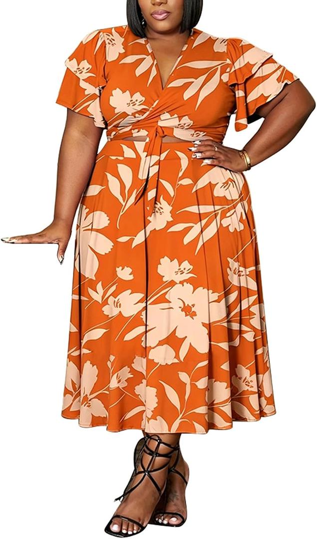 Women's Floral Plus Size 2 Piece Outfits Casual Short Sleeve Bandage Wrap Empire Crop Tops and Midi Skirt Sets, Orange, 1XL