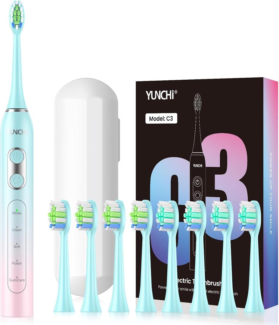 YUNCHI Sonic Electric Toothbrush for Adults & Kids, Rechargeable Battery Electric Toothbrush, 8 Brush Heads, 5 Modes, 44000 VPM Motor, 2 Min Smart Timer, IPX7 Waterproof, Travel Case, 90 Days-Gradient (A Metallic Pink Blue Gradient)
