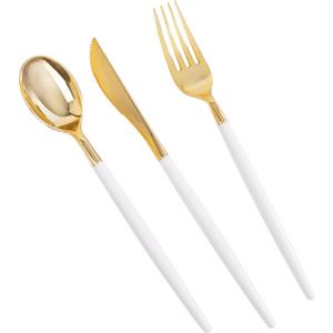 MirthMood 36 PCS Gold Plastic Silverware,Gold Silverware Disposable,Disposable Utensils Heavy Duty,Plastic Cutlery Set,Includes:12 Knives, Forks and Spoons for Party, Birthday,Wedding