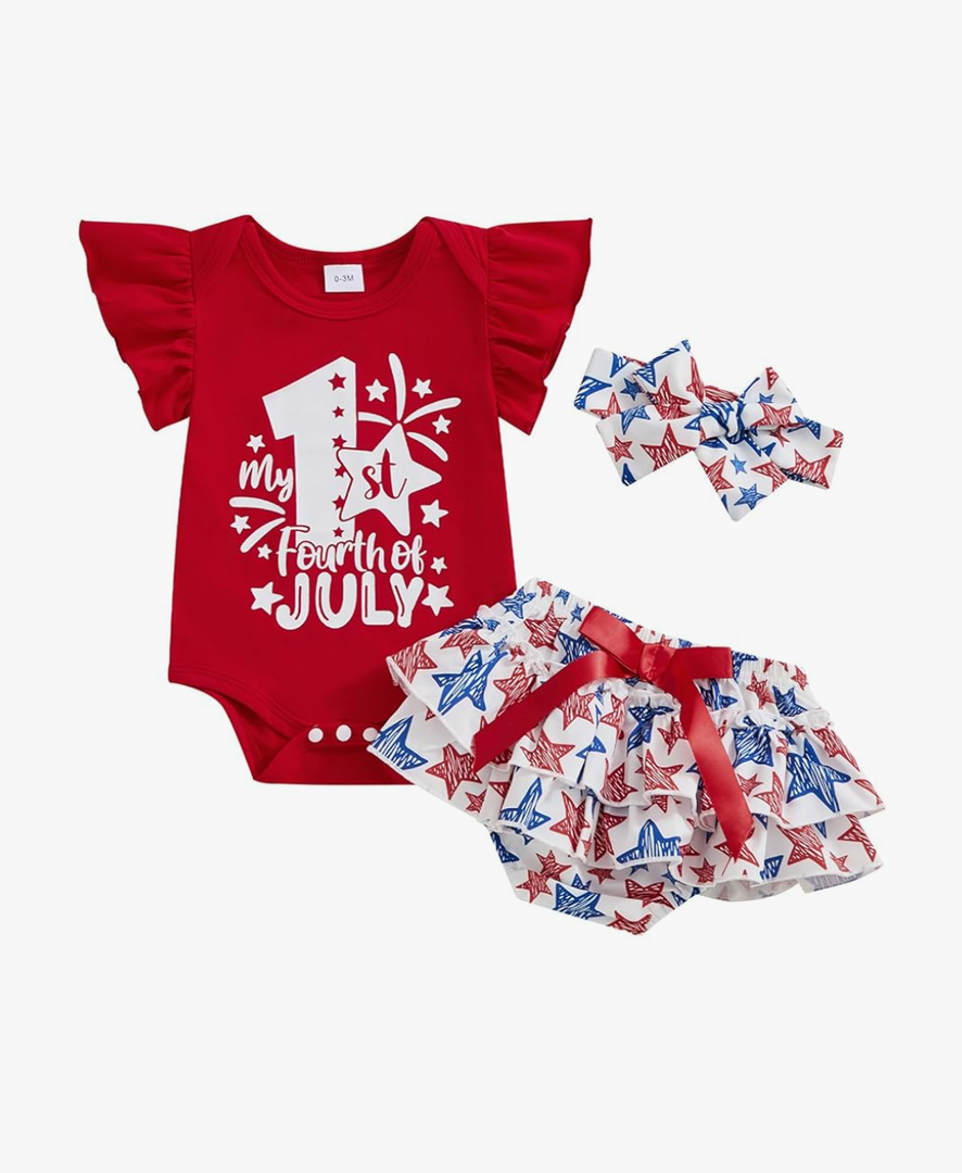 4th of July Baby Girl Outfits First Independence Day Fly Sleeve Romper Stars Shorts My 1st Fourth of July Outfit 0-3M