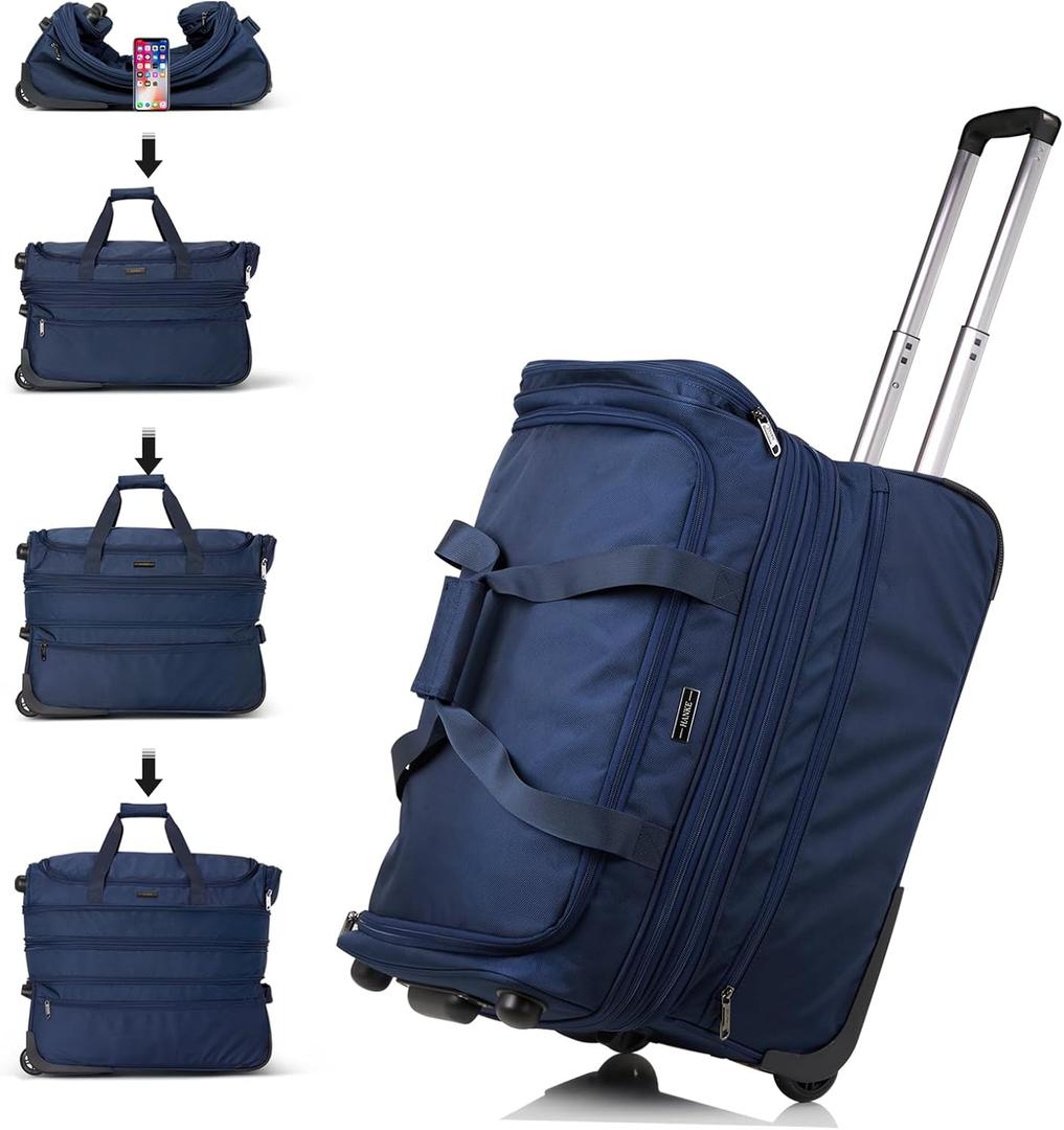 Hanke Large Expandable checked Luggage Suitcases with Wheels Foldable Duffle Bag for Travel suitcase for Women Men Garment BagBlue, 22 Inch