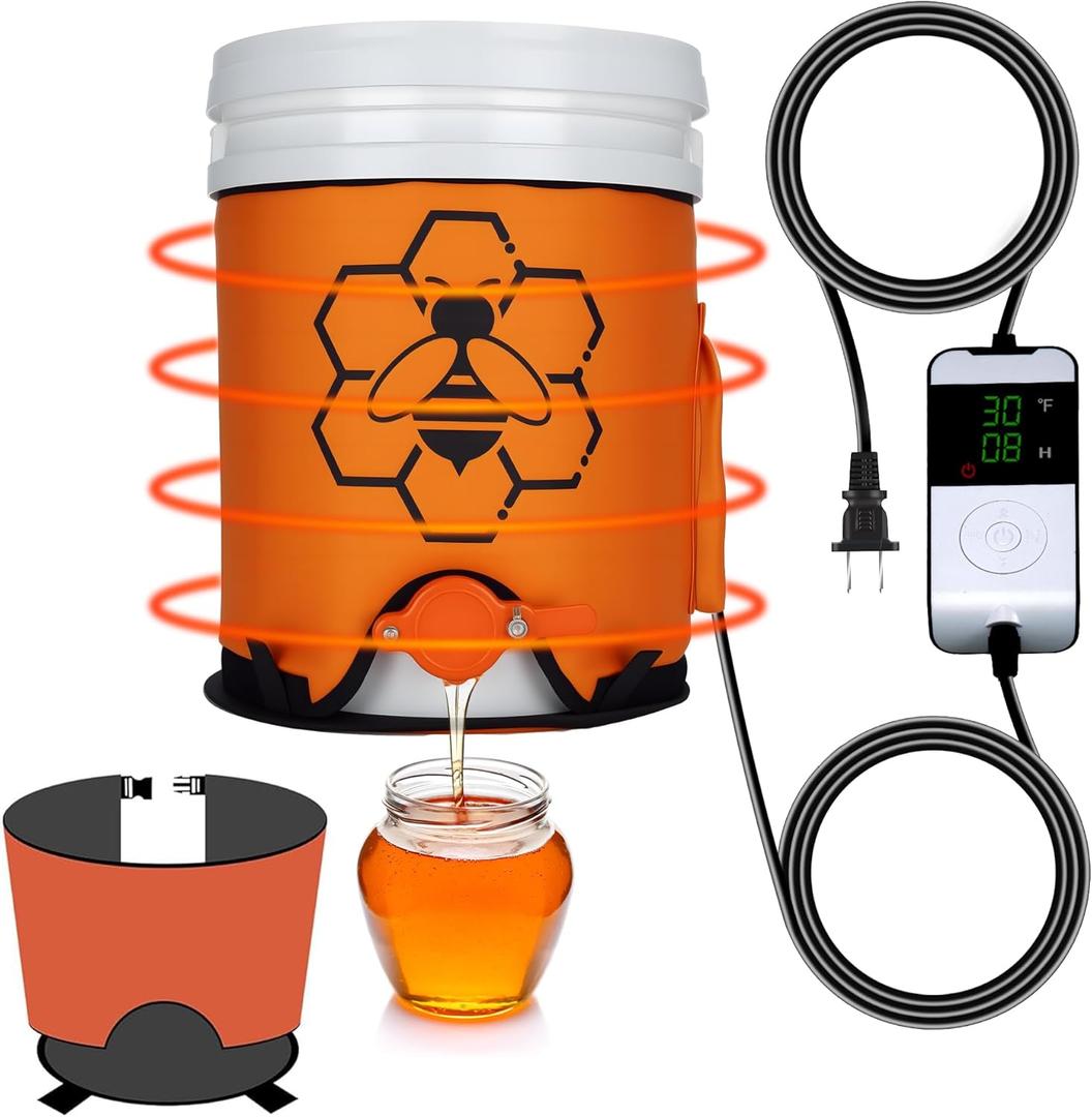 5 Gallon Honey Bucket Heater, Heated Bucket with Bottom & Side Heating Pad, Honey Warmer with Thermostat 50-122F, Portable Bee Blanket Honey Heater, 5 Gallon Bucket Honey Equipment