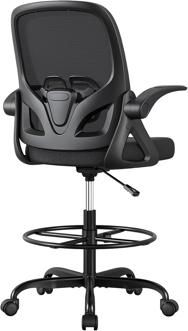 Tall Drafting Chair with Lumbar Support and Footrest Ring, Supportive Tall Extended Height Ergonomic Desk Chair for Home Work, Breathable Mesh Office Chair with Flip up Arms(Black)